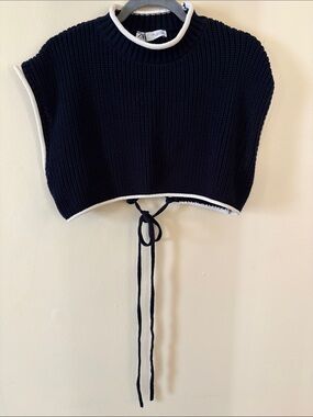 ZARA Navy Ribbed Knit Vest with White Drawstring Detail